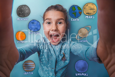 Teen girl making a self laughing mouth open planet of the solar