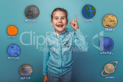 Teen girl shows up finger glad happy laughing planets of the sol