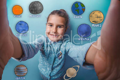 Teen girl smiling and removes self planets of the solar system a