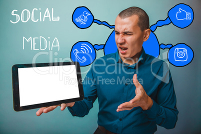 businessman grimaced man holding a plate of social media infogra
