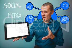 businessman grimaced man holding a plate of social media infogra