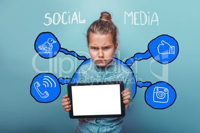 girl holding the tablet and offended social media infographics s