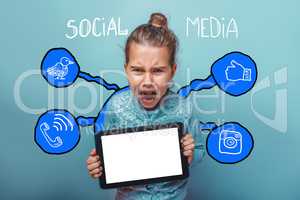 girl holding the tablet and screaming angry social media infogra