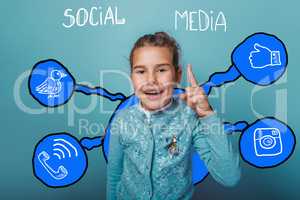 girl raised her thumbs up smiling social media infographics sket