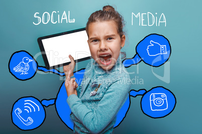 Girl shows a finger on a tablet of social media infographics ske