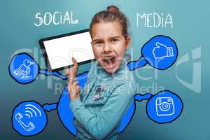 Girl shows a finger on a tablet of social media infographics ske