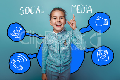 laughing girl points upward social media infographics sketch Int