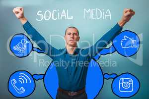 Male business style shirt raised his hands a victory of social m