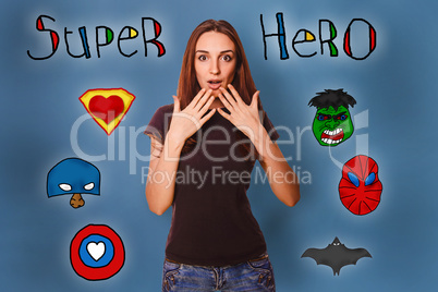 Girl hands in amazement at the wonders face super hero super pow