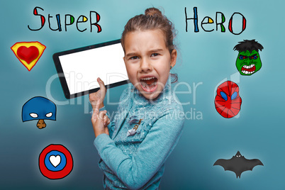 girl holding a tablet and shouting his mouth open super hero sup