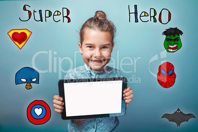 girl holding the tablet and rejoice smile super hero super power