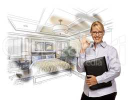 Woman with Okay Sign Over Custom Bedroom Drawing Photo Combinati