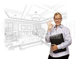 Woman with Okay Sign Over Bedroom Drawing Photo Combination