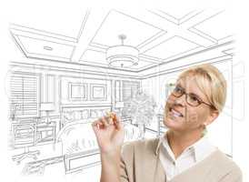 Woman With Pencil Over Custom Bedroom Design Drawing