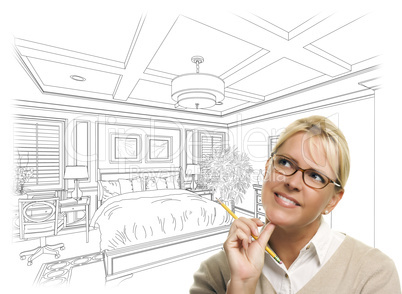 Woman With Pencil Over Bedroom Design Drawing and Photo Combinat