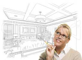 Woman With Pencil Over Bedroom Design Drawing and Photo Combinat