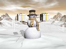 Snowman holding two big gifts - 3D render