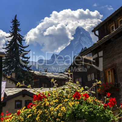 Matterhorn and Zermatt village houses, Switzerland