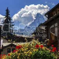 Matterhorn and Zermatt village houses, Switzerland