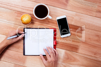 Overhead of feminine hands writing on agenda