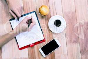 Overhead of feminine hands writing on agenda