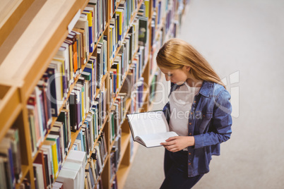 Standing student reading book in library