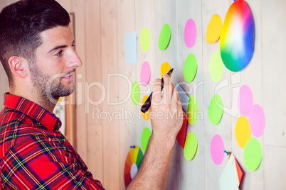 Creative worker using wall for brainstorm