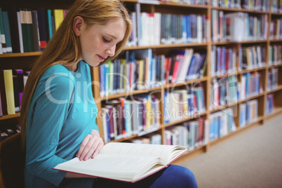 Pretty student sitting on chair reading book in library