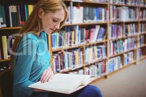 Pretty student sitting on chair reading book in library