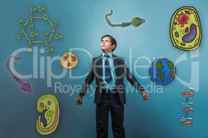 boy looking up serious businessman opened his arms Icons biology
