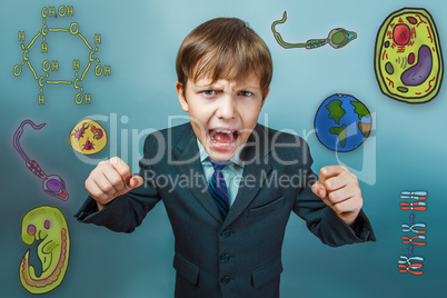 boy screaming businessman clenched fists opened his mouth to fig