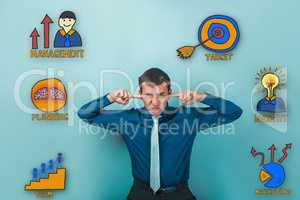 Male businessman wrinkled fingers and plugged ears collection of