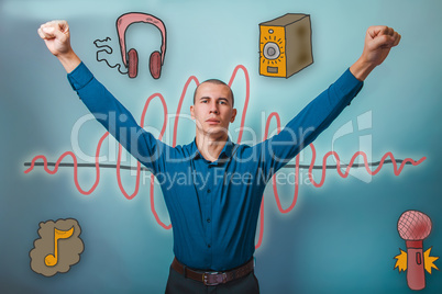 man in shirt style office victory sign held up his hands a sound