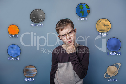 Teenage boy in glasses thinking thoughts of the planet of the so