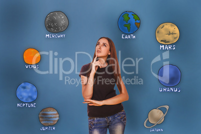 woman hand holding chin and looking up wondering planets of the