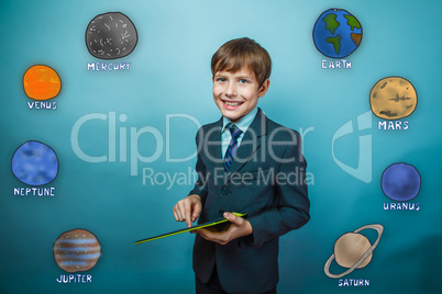 youth teenager boy laughing businessman holds hand tablet planet