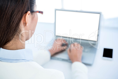 Rear view of businesswoman using laptop