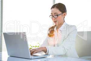 Smiling woman using her laptop