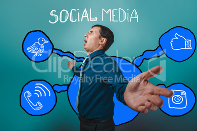 man spread his arms and shouts of social media infographics sket