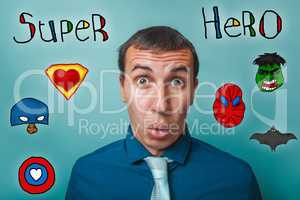 Male businessman surprised face mouth open eyes bulged superhero