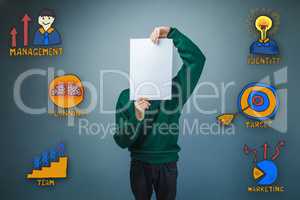 teenage boy covered his face with a sheet of white paper collect