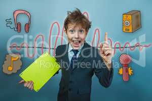 Teenage boy holding a tablet businessman raised his finger up an