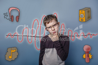 Teenage boy in glasses propped his chin with his fist thought se