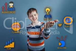 Teenage boy laughing and holding in the palm collection of busin