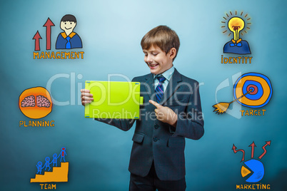 Teenage boy laughing pointing at plate collection business icons