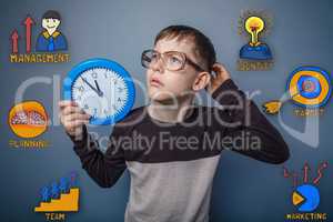 Teenage boy scratching his head holding a clock thought looking