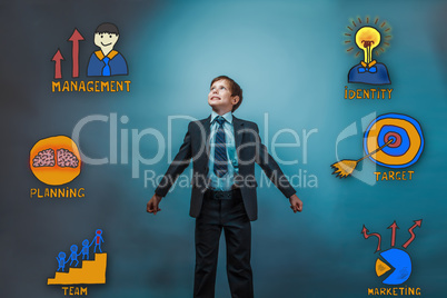 Teenage boy smiling businessman looking up opened his arms to th