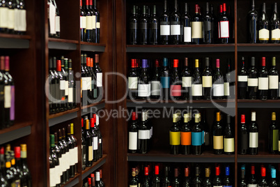 View of row bottles of wine