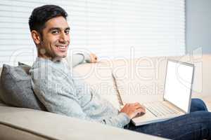 Handsome man using laptop on sofa