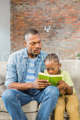 Father and son reading on the couch